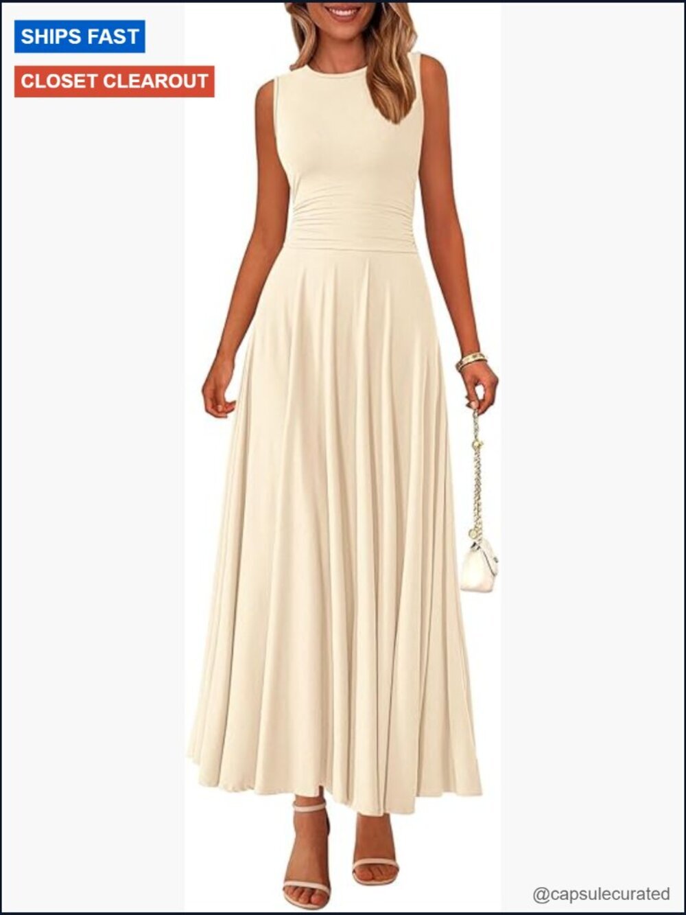 Sleeveless Crewneck A-Line Maxi Dress Stretch Tank Pleated Flowy Long